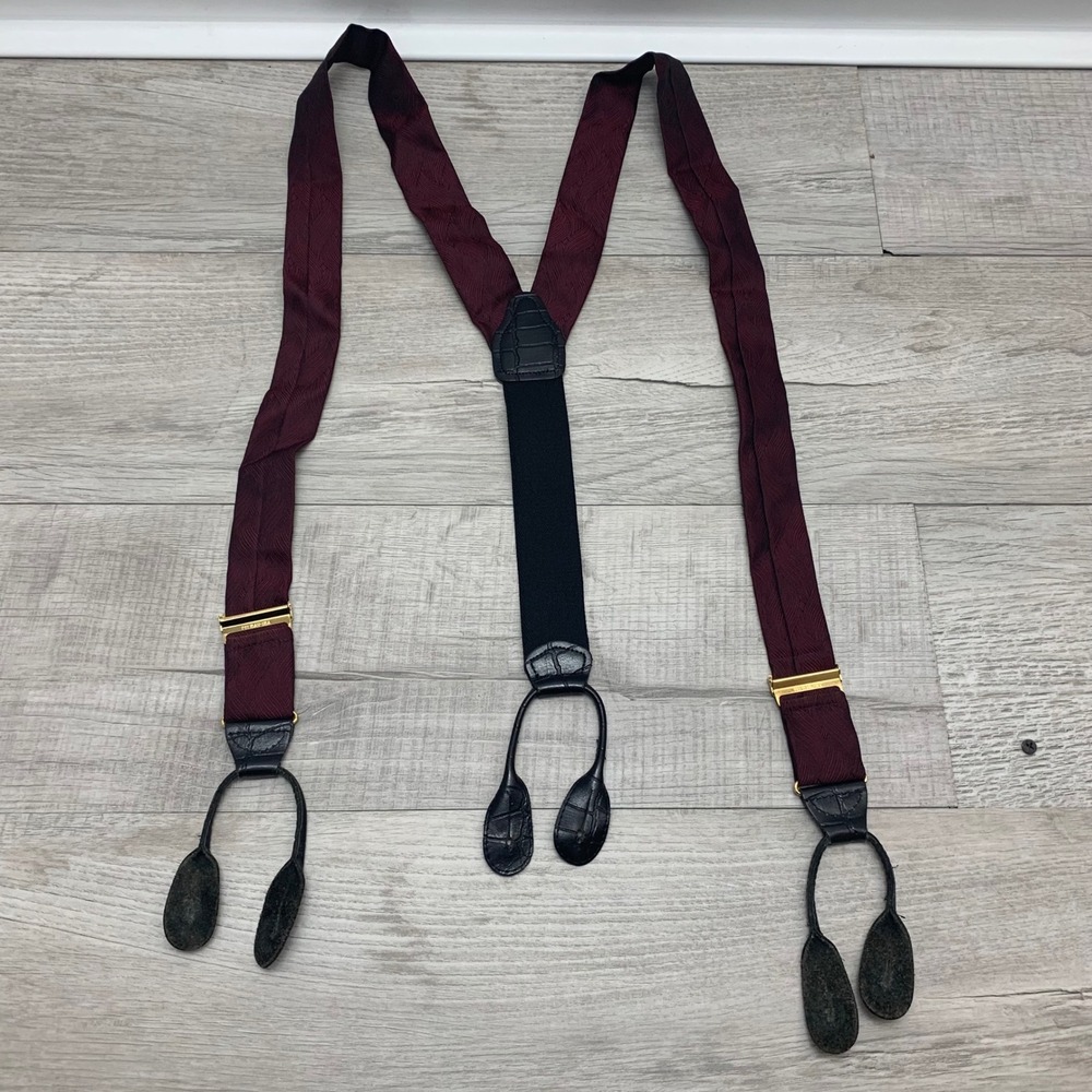 Pelican USA Mens Suspenders Burgundy Jacquard Y-Back Button Leather Braces Gold